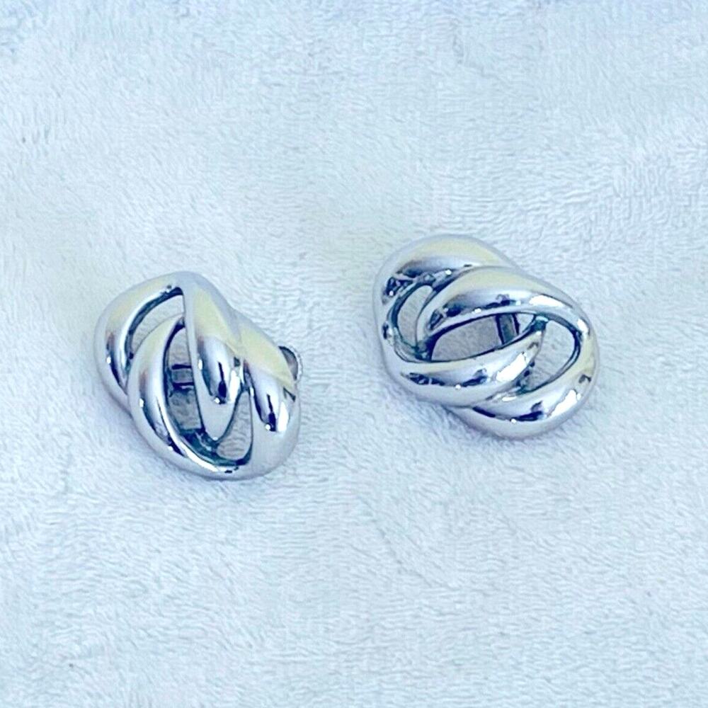 Vtg NAPIER Knot Link Chunky Screw Back Clip-on Earrings Modernist Silver Tone
